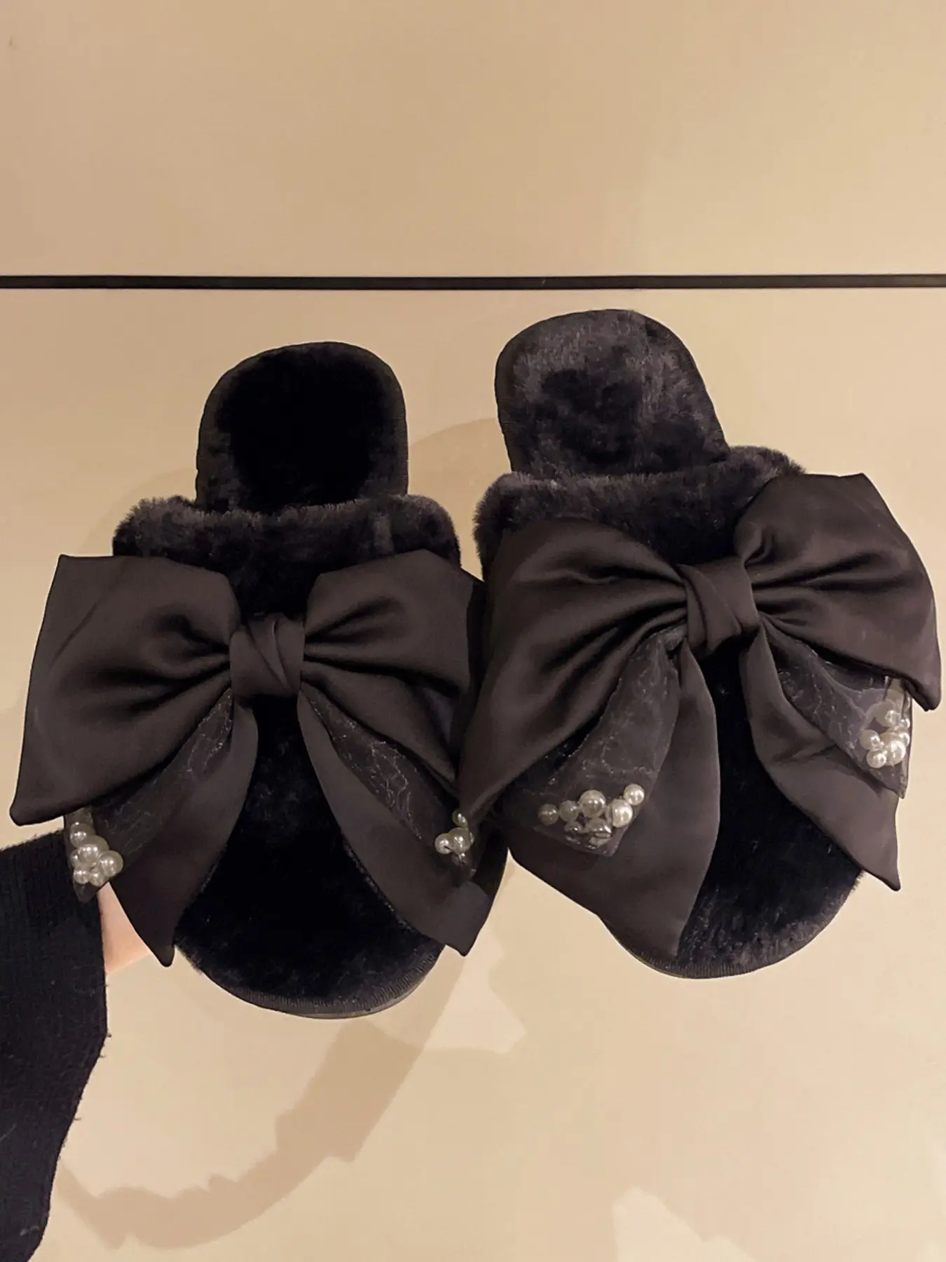 2026 Trendy Thick Fluffy Closed Toe Home Slippers, Oversized Satin Bow With Pearl Decor, Soft Non Slip Warm Indoor Slides, Cute Girly Dual Use Indoor Outdoor Lazy Cotton Shoes, Light Cozy Daily Casual House Footwear