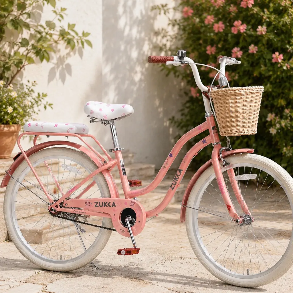 Vintage Steel Cruiser Bike, 24-Inch Bicycle for Women and Girls, Single-Speed City Commuter with Front Wicker Basket and Rear Rack, Peach Pink