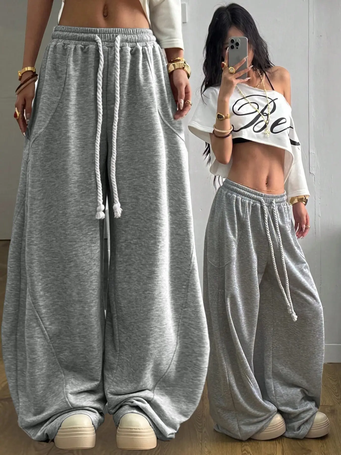 American Style Drawstring Adjustable Wide Leg Sweatpants for Women, Loose-Fit Streetwear, Casual Long Pants, All Seasons, Plain Pattern