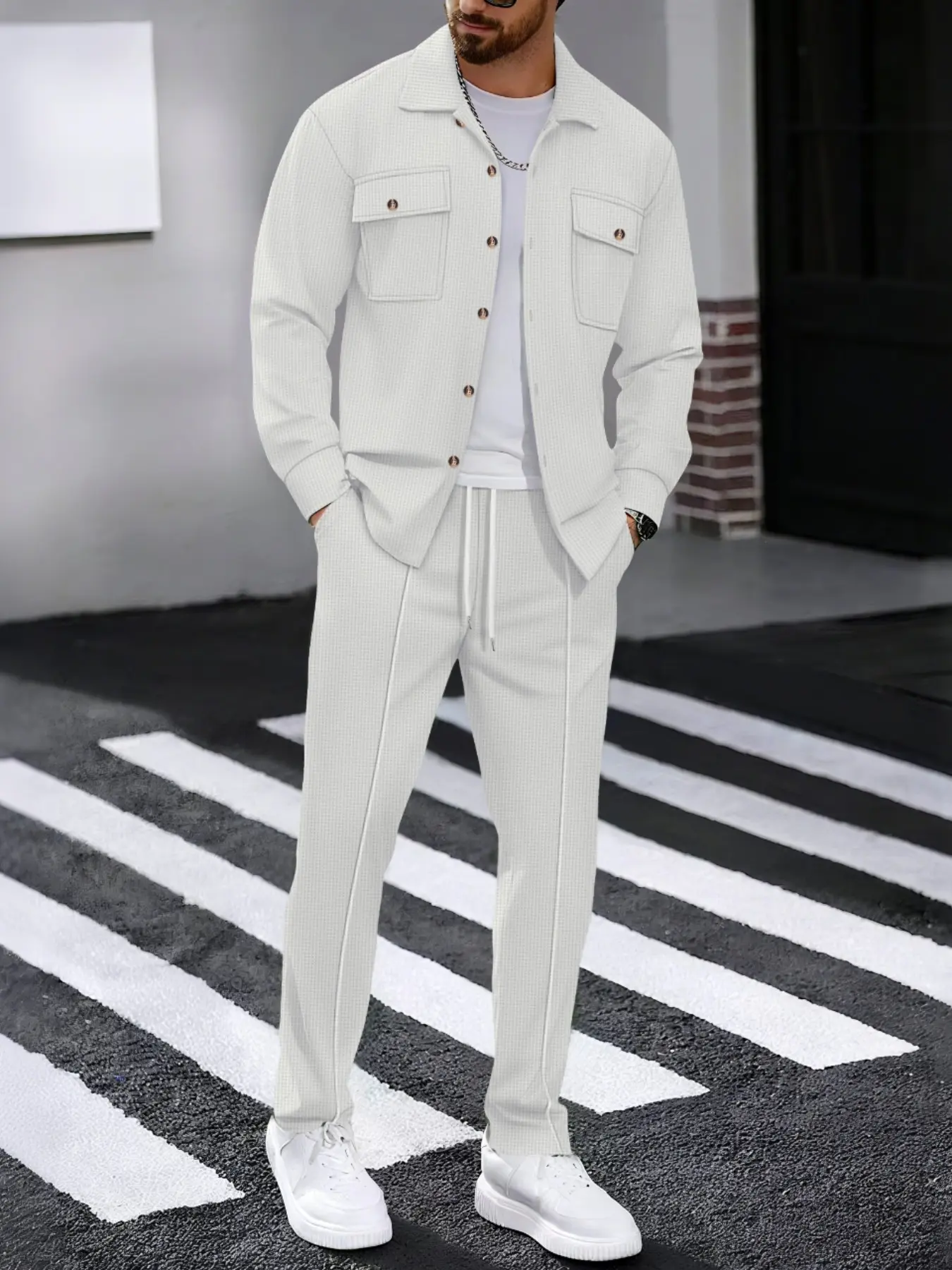 Men's Casual Two-Piece Set Suits, Long Sleeve Textured Shirt & Elastic Waist Pants, Comfortable Sportswear for Daily/beach/work Wear, Go Out Sets