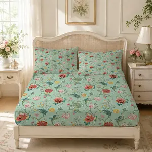 Vintage Floral Fitted Sheet Set, 3 Pieces (1 Fitted Sheet + 2 Pillowcases, No Pillow Insert Included), Botanical Floral Print, Deep Pocket Soft and Breathable Fabric, Ideal for Teens and Adults Bedroom Decor, Perfect Gift for Flower Lovers