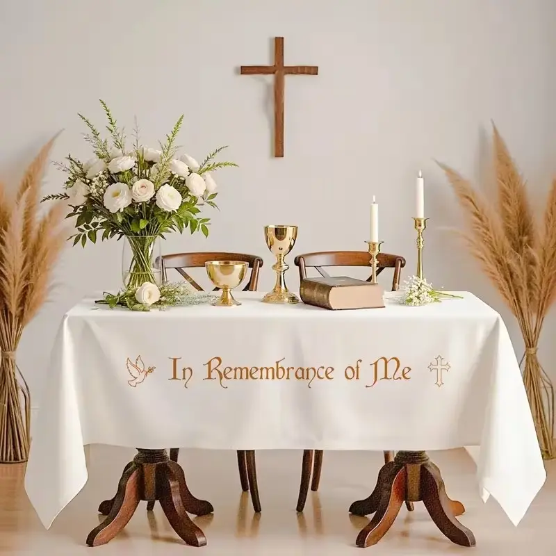 Elegant Tablecloth with Gold Cross and Dove Design, Polyester, Perfect for Baptism, Communion, Christmas, Easter, Religious Events, Table Decoration