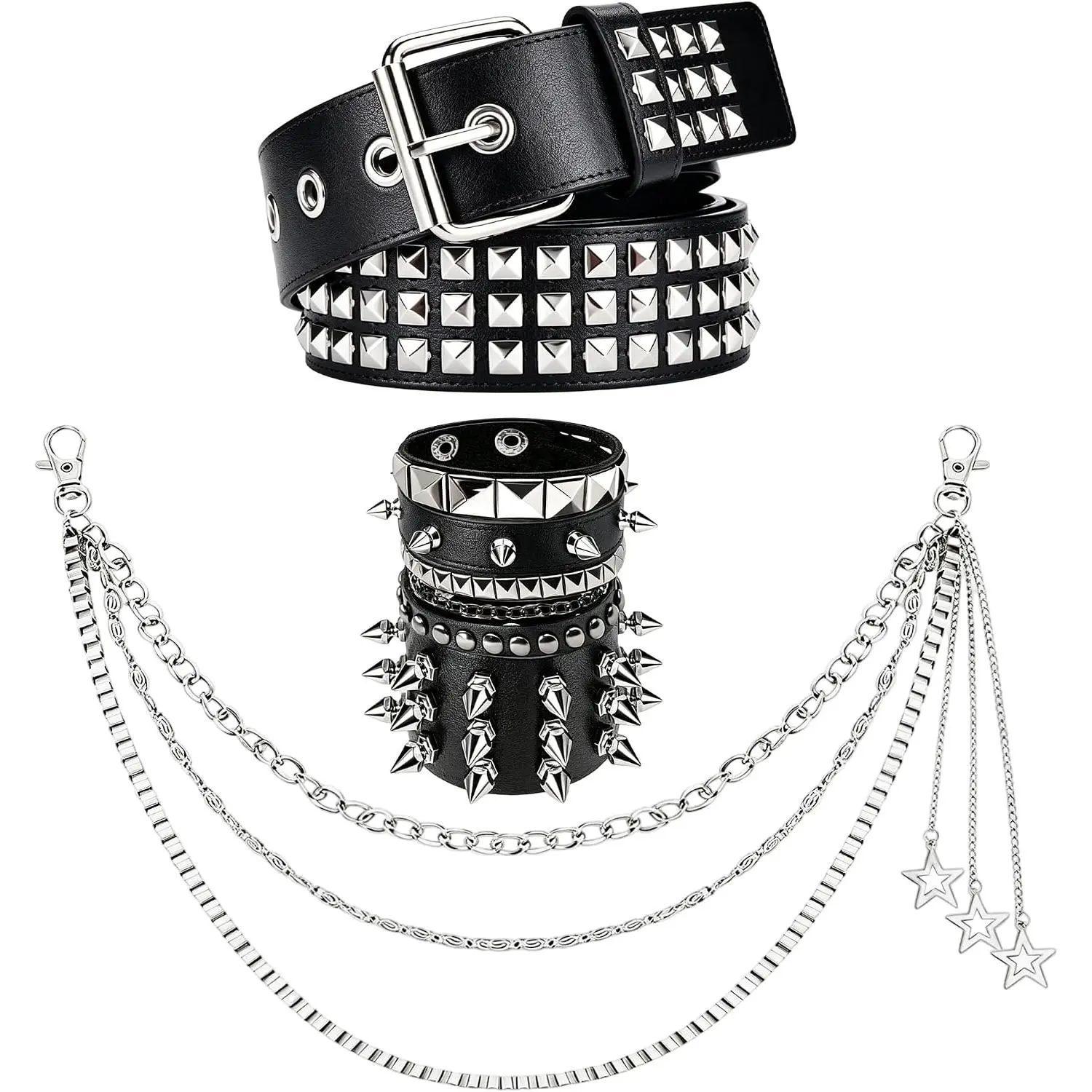Studded Belt Set for Men Women, Emo Punk Belt with Bracelet and Pants Chain, Y2K Goth Grunge  Accessories