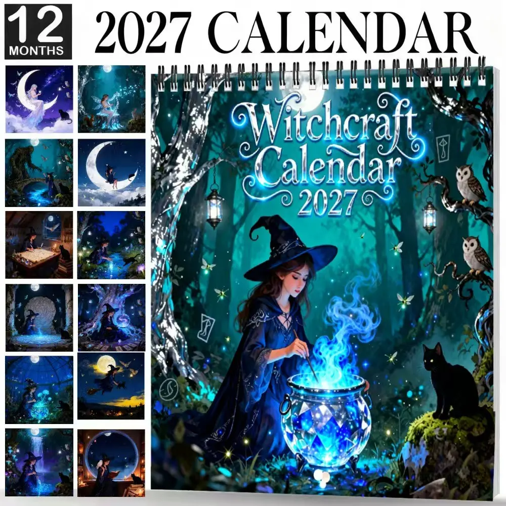 Magic Forest Witch Wall Calendar 2027, 12-Month Monthly Planner, Mystical Witch Cat Owl Art Calendar, Indoor Decoration
