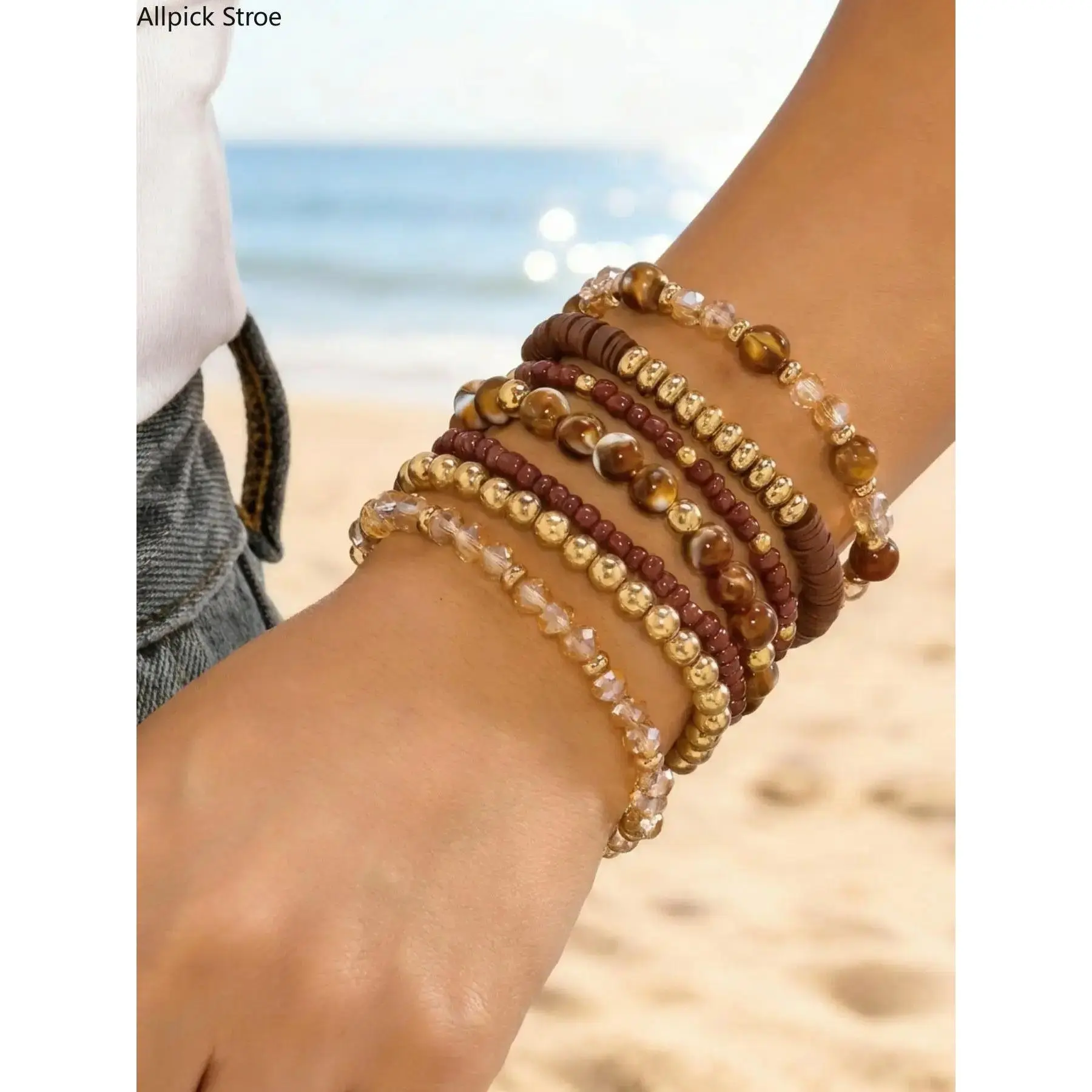 7-Piece Bohemian Bracelets Set, Dainty Stackable Crystal & Polymer Beaded Accessories for Vacation and Everyday Wear, Bracelets Jewelry, Stackable Bracelets, Crystals