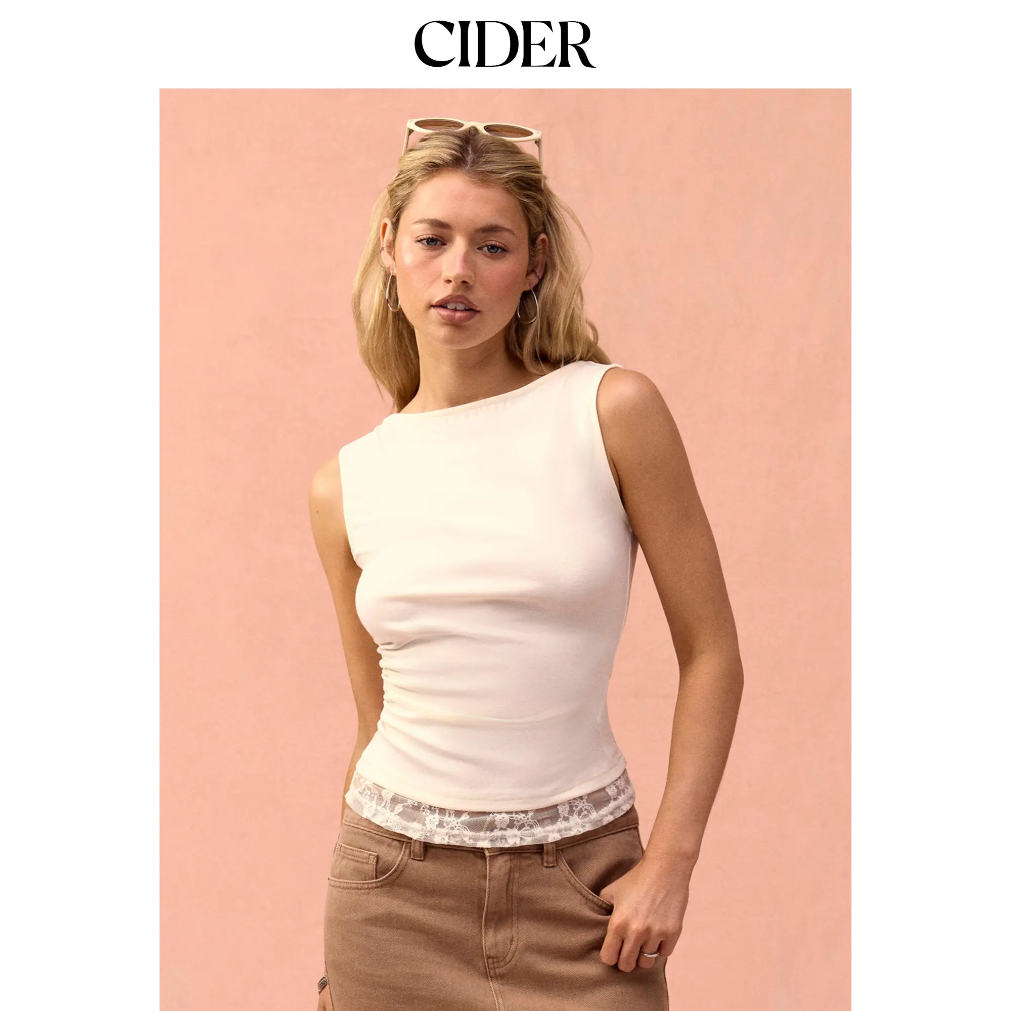 Cider High Stretch Boat Neck Lace Panel Crop Top