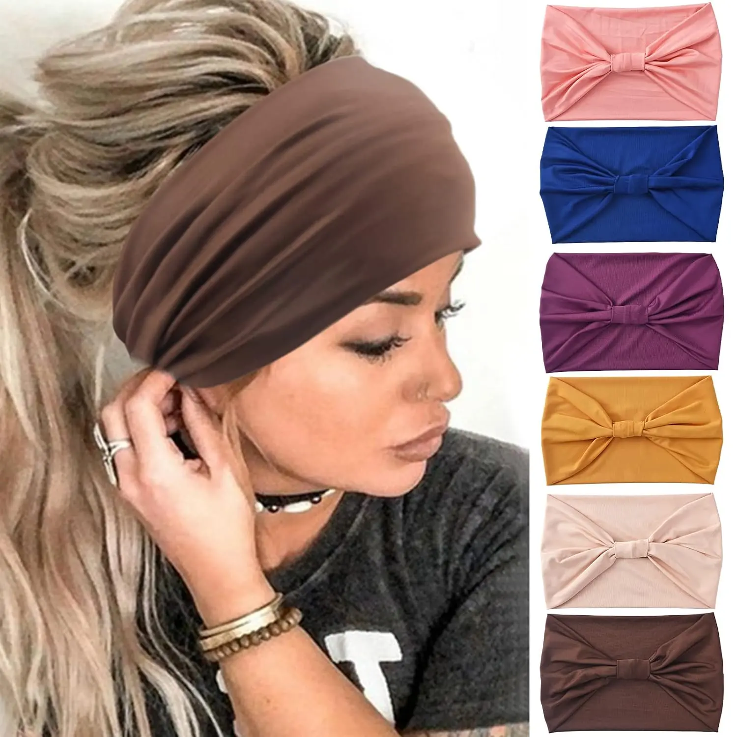 Wide Headbands for Women No Slip  Boho Headband Solid Bandana  bands Elastic Yoga Workout  Bands Running  Turban Knotted Headwraps,Pack of 6