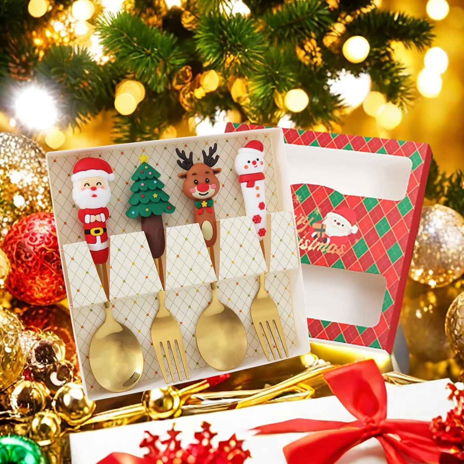 4 Pack Stainless Steel Christmas Coffee Spoon and Xmas Dinner Forks Set Tableware -Dessert Fruit Ice Cream Iced Tea Spoon, Cake Forks - Gifts for Christmas Party Supply