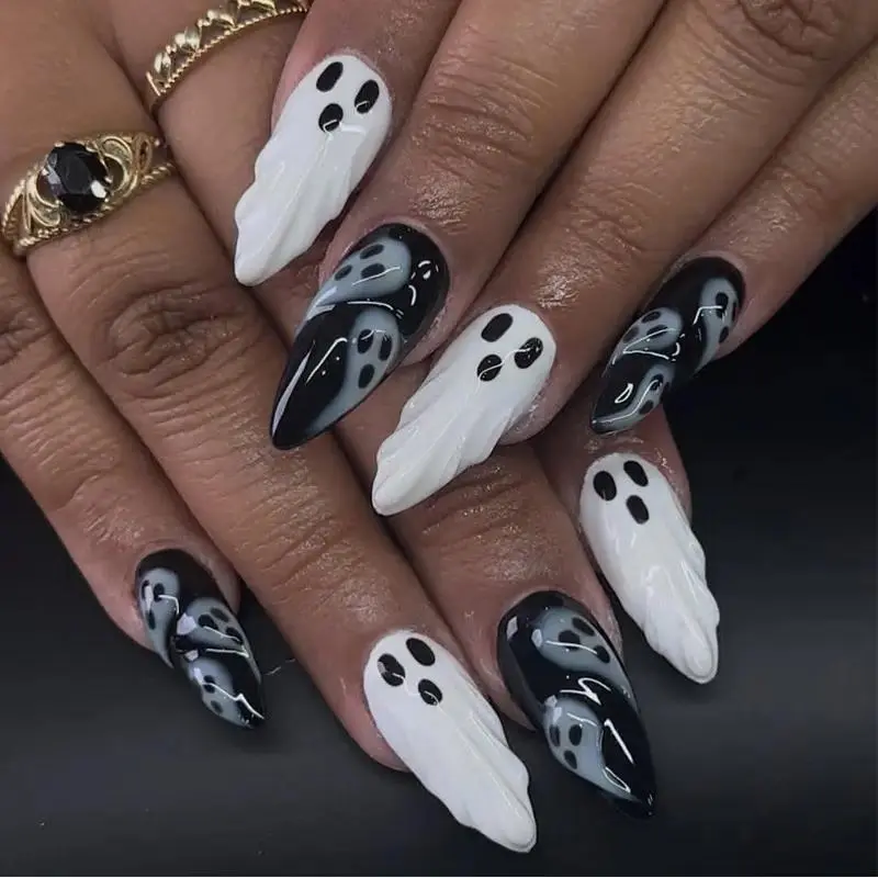 Press On Nails 30 Pcs Novelty 3D Embossed Ghost Design, Spooky Almond Shape Reusable False Nails, Y2K Trendy Acrylic French Fake Tips for Halloween Holiday & Carnival Gothic Costume Wear