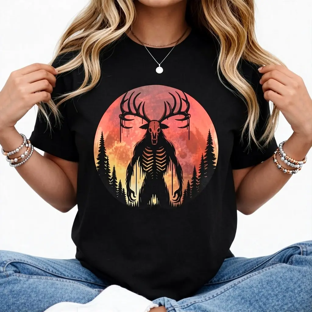 Women's Streetwear T-Shirt with Wendigo Graphic, Distressed Cotton Short Sleeve Round Neck Top