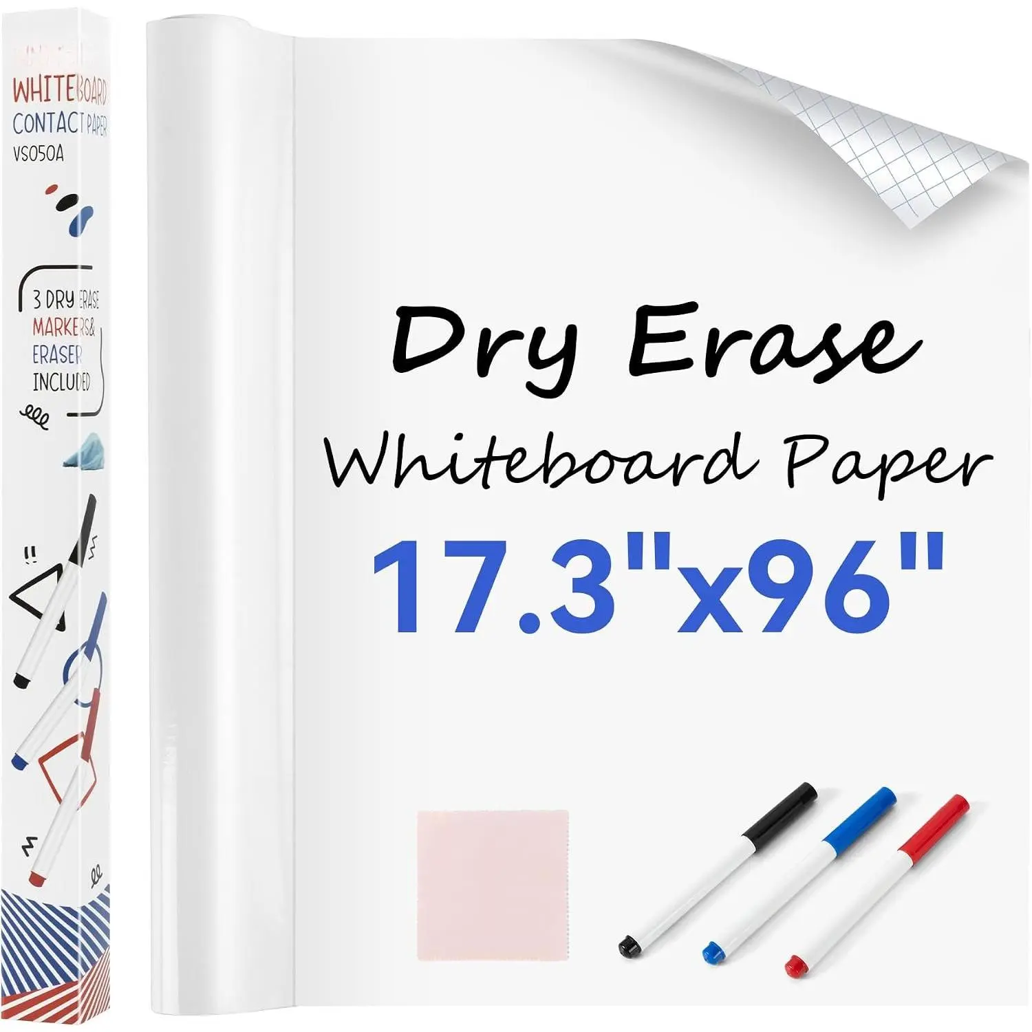 Peel-and-Stick Dry Erase Board Wallpaper, 96"x17.3" Self-Adhesive Whiteboard Sticker with 3 Pens & 1 Cleaning Cloth, Erase Clean for Office Flat Surfaces, Wall Stickers Decor