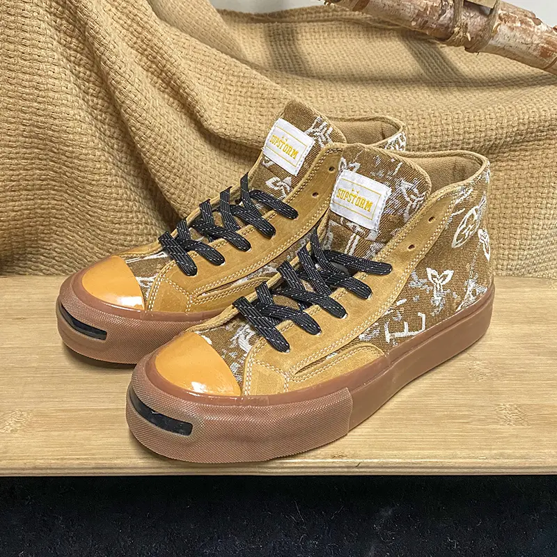Unisex Khaki Vintage Print High Top Skate Shoes Gum Rubber Platform Patchwork Casual Street Sneakers for Daily Outfits