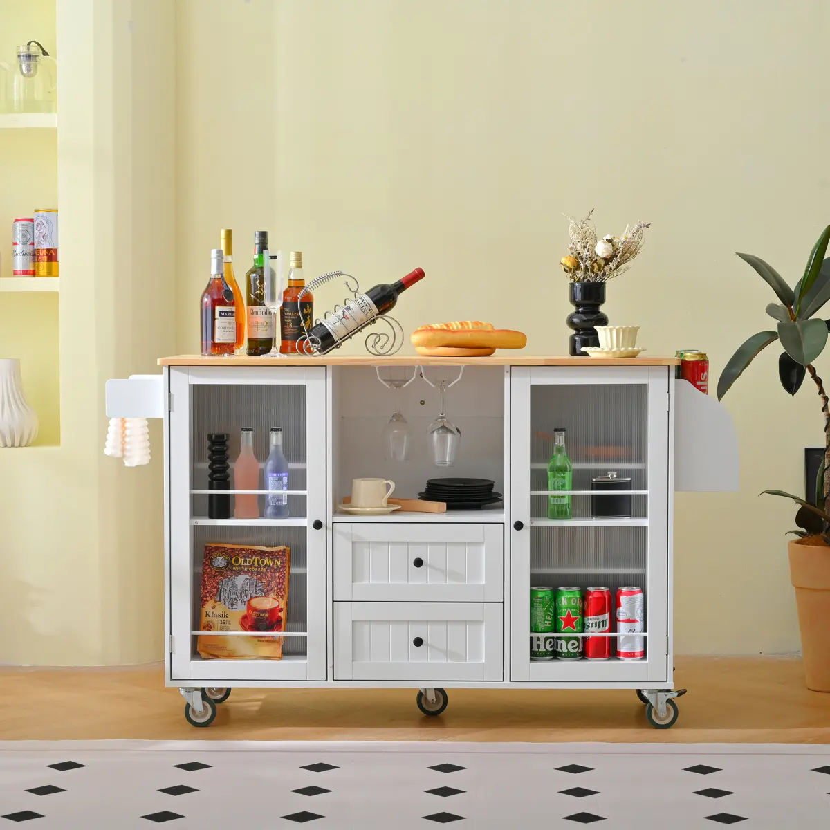 Aobtkel Mobile Kitchen Island Storage Trolley Cart on Wheels with Dropleaf Top, Towel/Spice Rack,2 Drawers, 2-Door Cabinet, White docking narrow side pantry small Modern Metal Sliding Rail Dresser fabric multiple wooden LED Charging double glass toilet