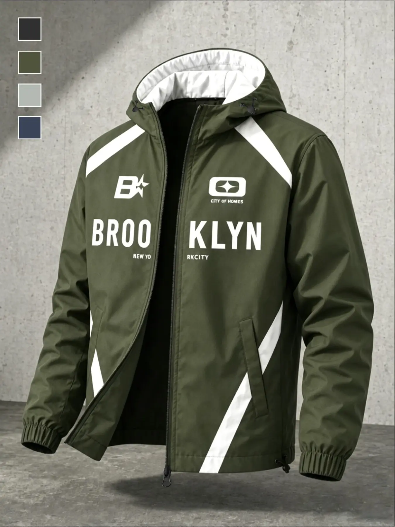 Men's Patchwork Letter Hoodie Jacket, Adjustable Drawstring Hood, Full Zipper Front, Windproof Casual Outerwear, All-Season Fashion