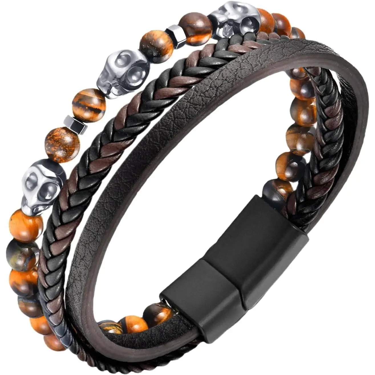 Leather Beaded Bracelet for Men Punk Gothic Cuff Men's Skull Bracelet Obsidian Tiger eye Bracelet Men's