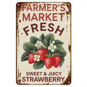 2D Flat, 1pc, Print, Decorative Plaque. Farmhouse Style Vintage Farm Market Fresh Strawberry Sign, Wall Decor, with Distressed Cream Background And Distressed Edges, Suitable for Indoor, Outdoor