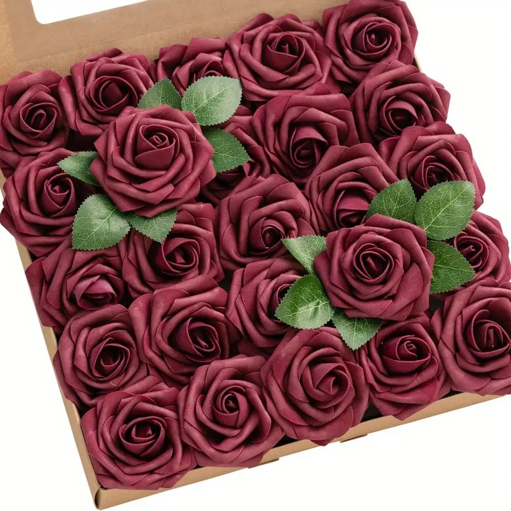 25pcs Burgundy Real Touch PE Foam Roses - Decorative Plants with Flexible Wire Stems, Leaves, Easy Bend/Cut/Pull - Bulk Artificial Floral Decor for Wedding Centerpieces, Room Decor, 25Pcs Burgundy Rose, Flower