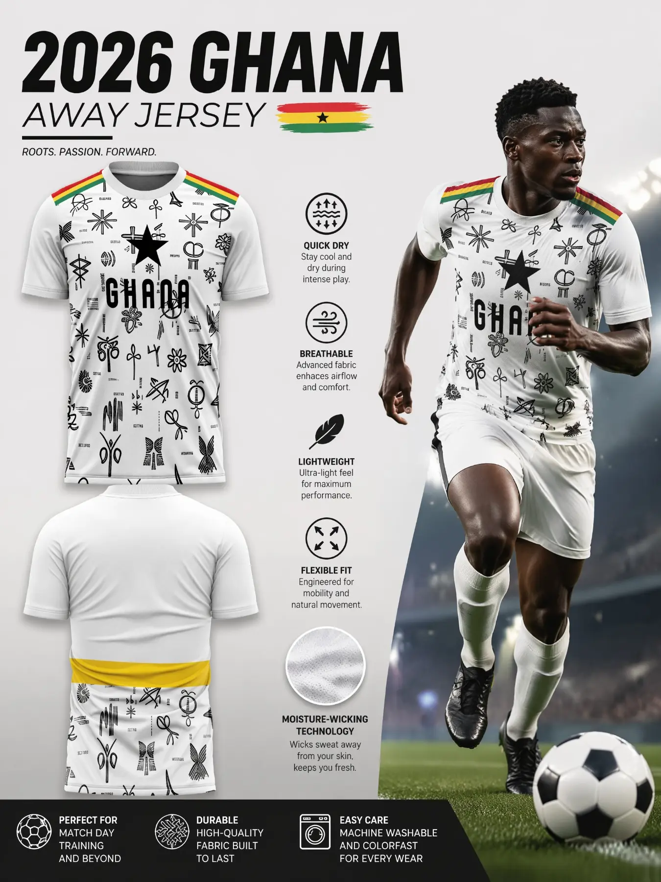 2026 Ghana Soccer Jersey, Base with Akan Ethnic Idol Print, Quick-Dry Breathable Mesh Sport Top, Ideal for Daily Training, Lightweight Jersey, Football Jerseys