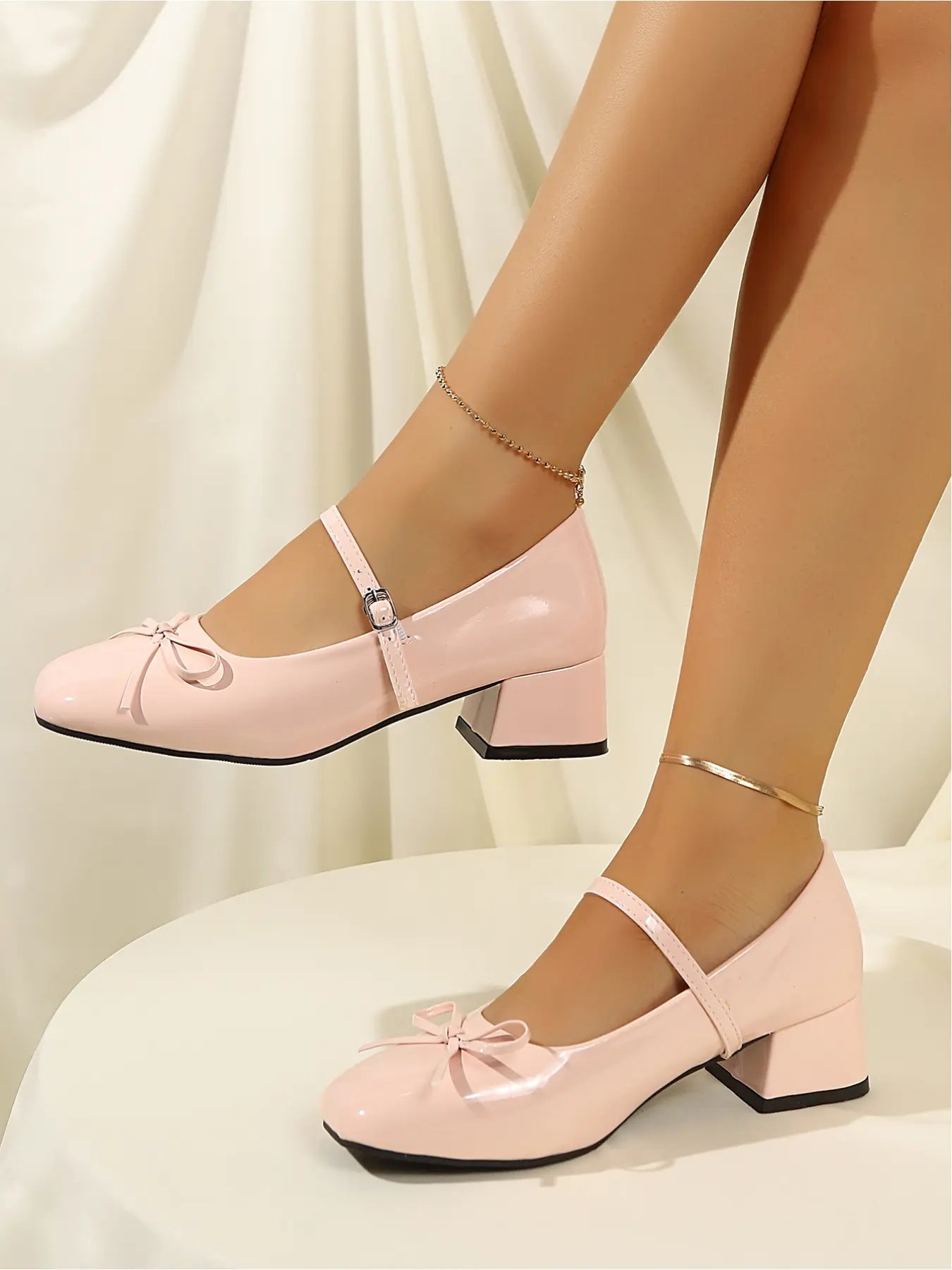 New Spring Summer Black Pink Bow Strap Mary Jane Heels, Bow Decorated Shoes, Roomy Round Toe For Wide Feet, Versatile Sweet Shoes For Picnic & Banquet