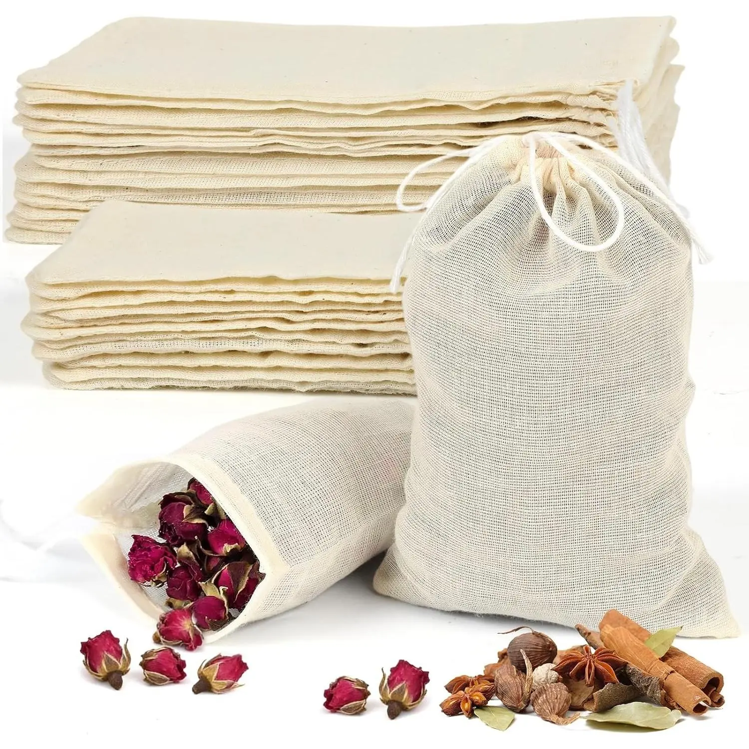 Reusable Muslin Tea Bags: 200-mesh Cotton Sachet Bags with Drawstring Boil-Safe for Cooking Soup - 30pcs 3 * 4in & 4 * 6in Spice Bags for Bathing Unbleached