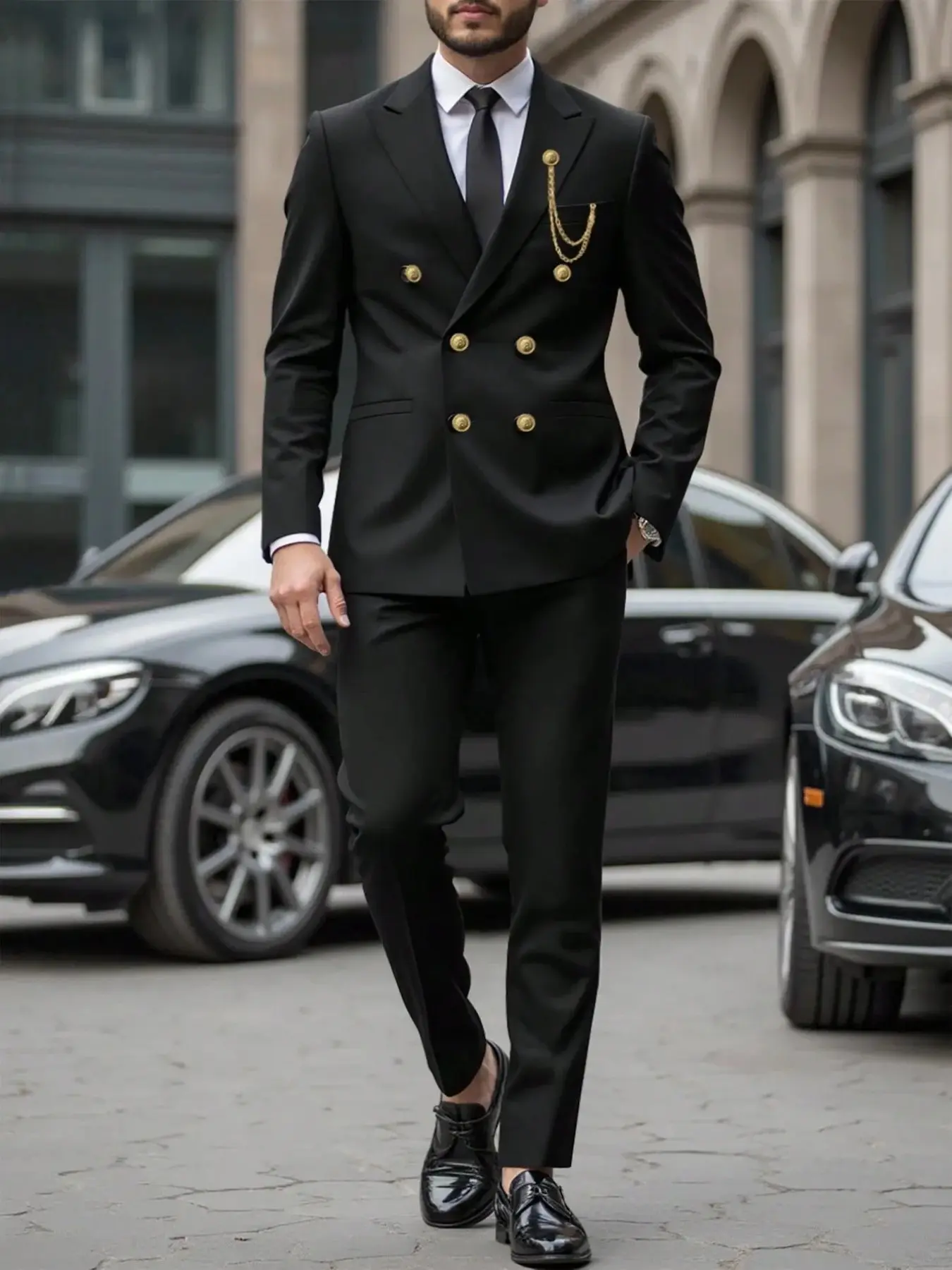 Men's Double-Breasted Formal Suit Two-Piece Set with Notch Lapel, Gold Buttons, Chain Detail, Long-Sleeve Blazer and Matching Trousers