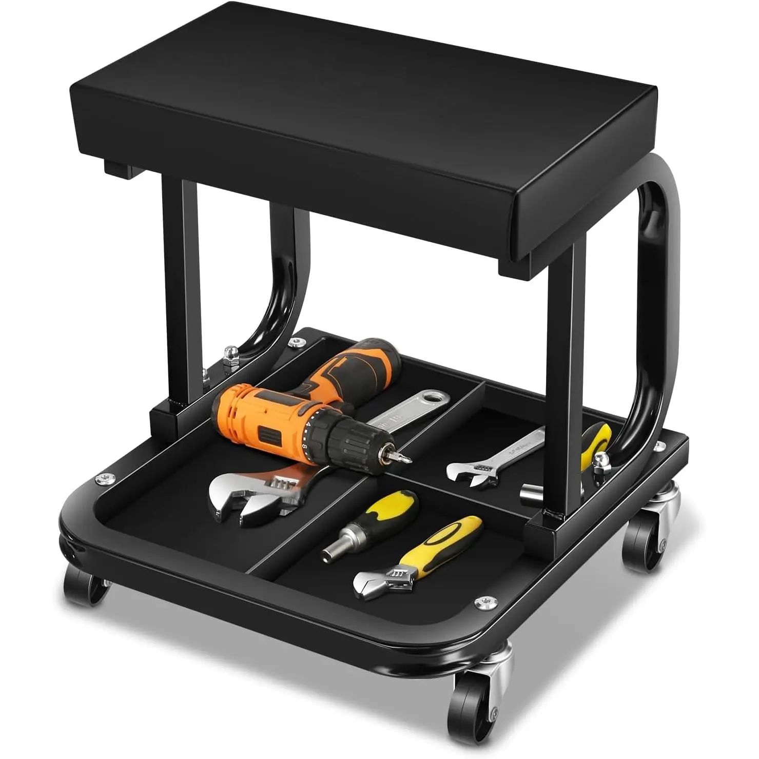 Auto Dynasty Rolling Mechanic Stool - Compact, 250 LBS Capacity, Padded Seat, Tool Storage Tray, Rolling Wheels for Garage Workshop Auto Repair (Black, All Seasons)