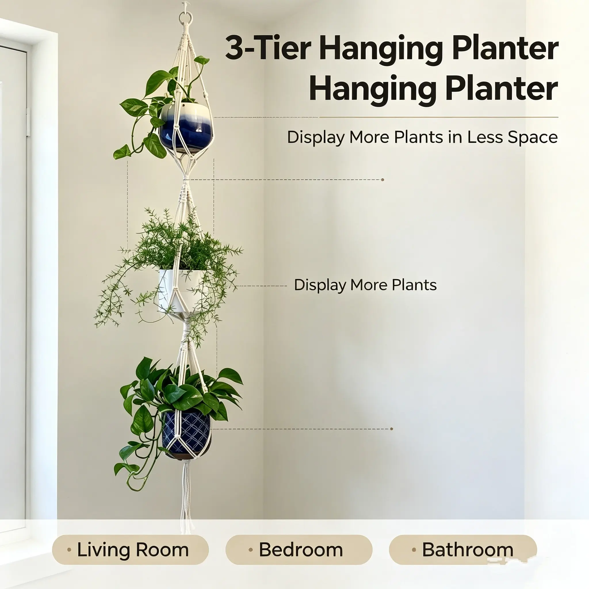 Macrame Plant Hanger 3 Tier, Indoor Outdoor Hanging Planter Basket with Beads, 70 Inches, Creative Pots, Home Decor, Garden Patio