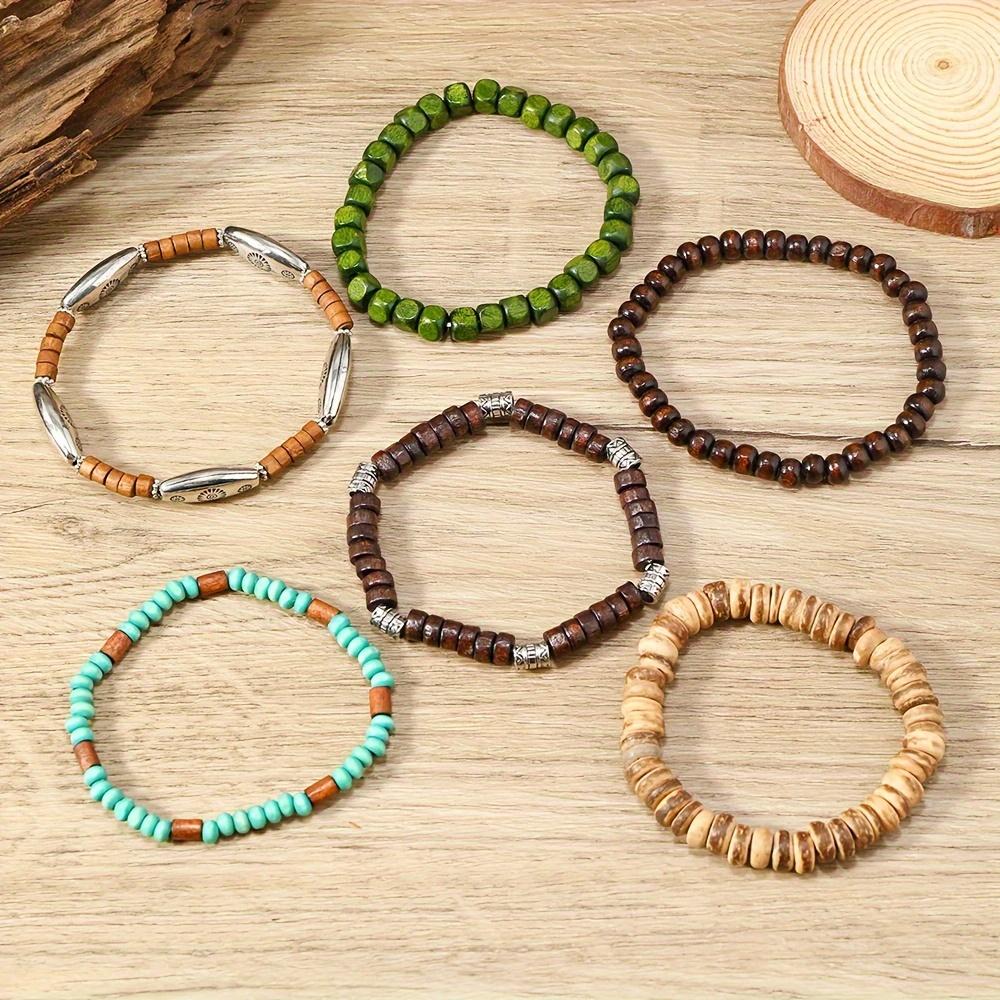 6pcs Set of Coconut Wood Bead Elastic Cord Minimalist Bohemian Style Men's Bracelet Bangle