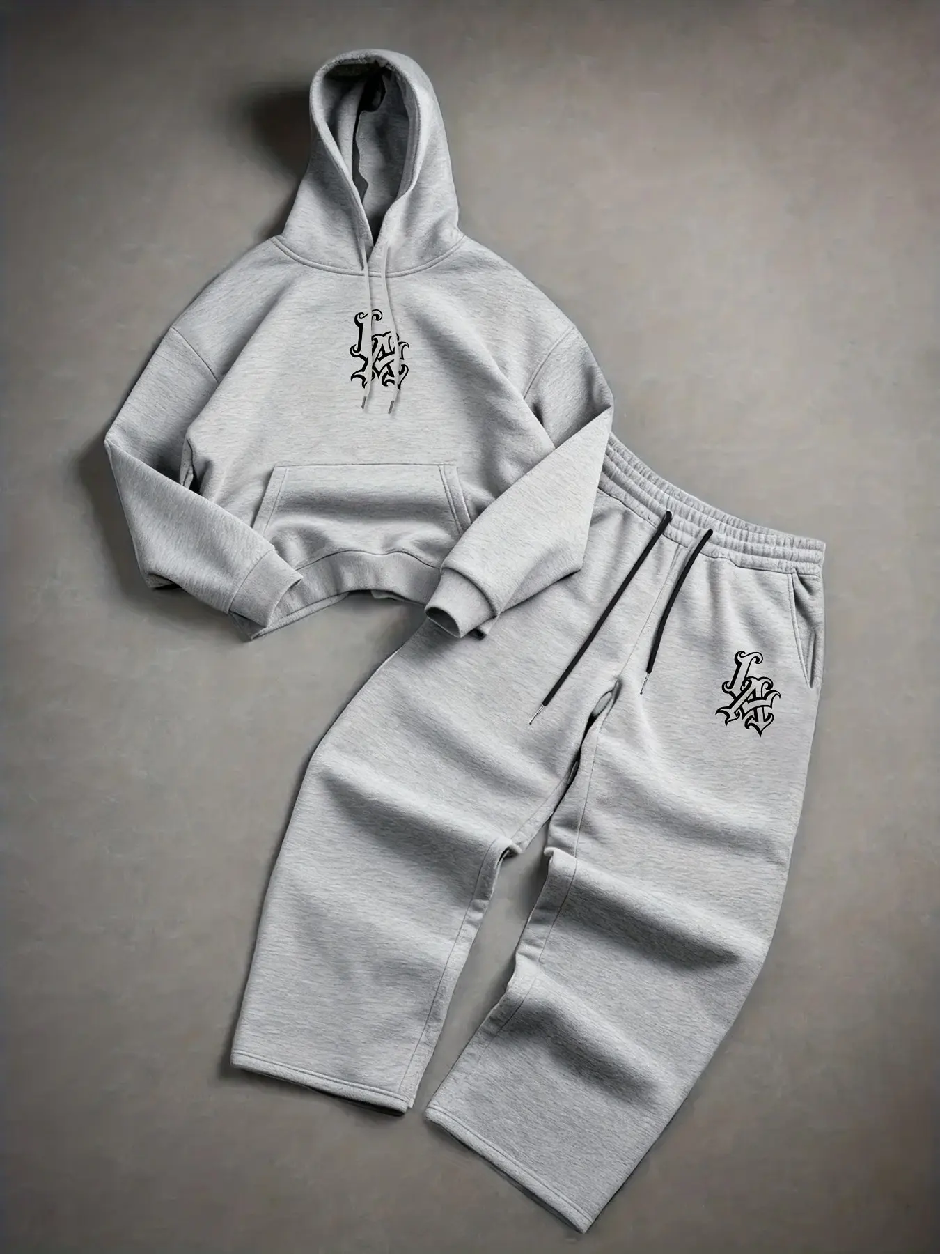 Oversized Gothic Monogram Tracksuit Soft Fleece, Streetwear Tracksuit Set, Letter Print Sweatsuit, Cropped Kangaroo-Pocket Hoodie + Wide-Leg Drawstring Sweatpants With Coordinating Dark Letter Logo, Casual Sweatsuit for Campus Wear Daily Commute Lazy Ho