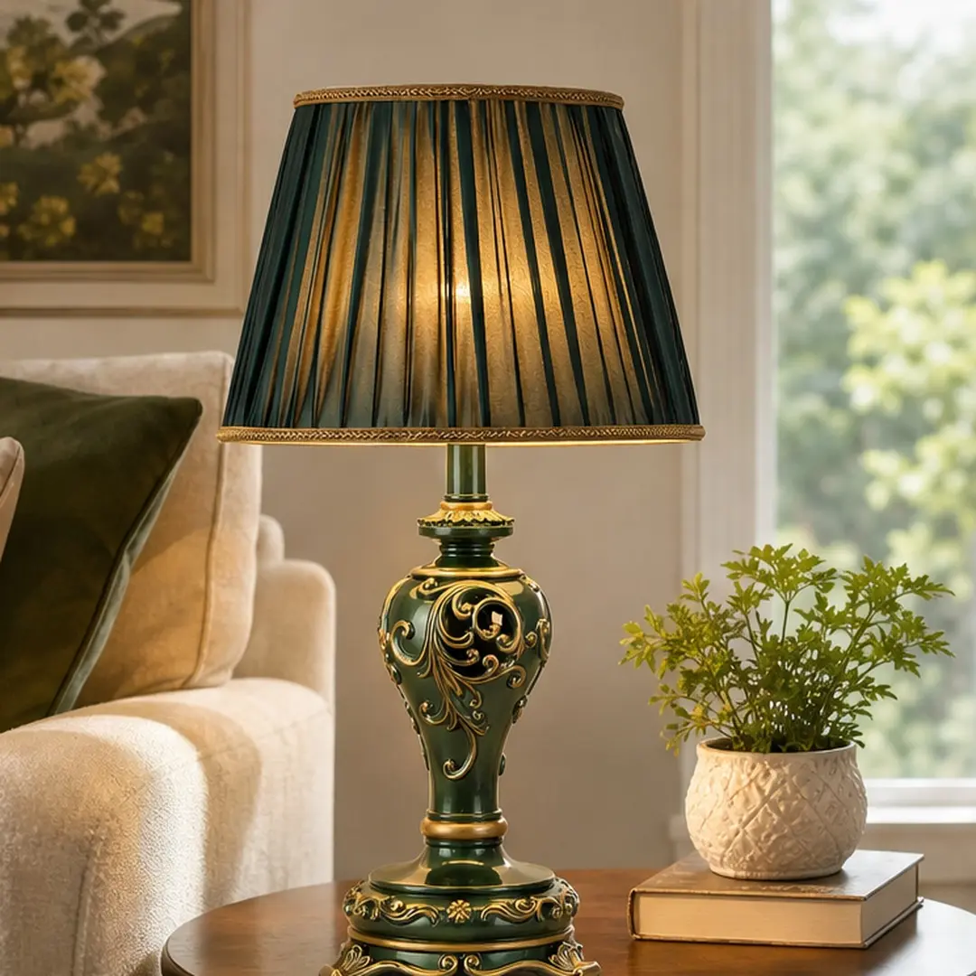 ARCH Farmhouse Vintage Resin Table Lamp with Nightlight, Dark Green Hollow Out Carved Design, Fabric Shade, Bedside Desk Nightstand Lamp for Living Room Bedroom Office, Multiple Color Options Available, Antique Brass/Beige/Blue/Dark Green Color