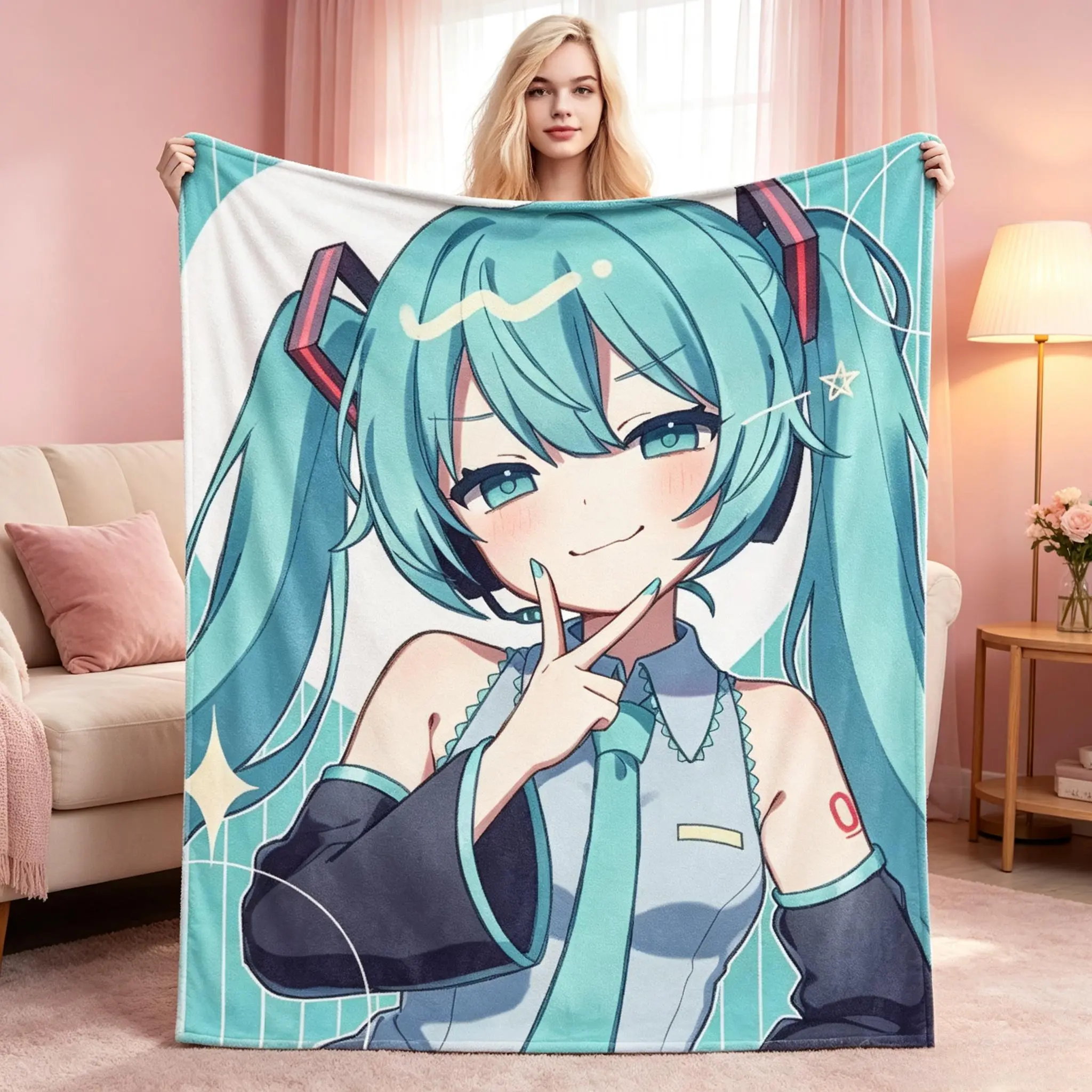 Hatsune Miku Peace Sign Teal Striped Flannel Throw Blanket Tapestry, Cute Twin Tail Vocaloid Anime Art Design Soft Microfiber Fade Resistant Multi Size Cozy Blanket, Kawaii Manga Cartoon Room Decor For Anime Fans, Perfect Birthday Christmas Galentin, Bedr
