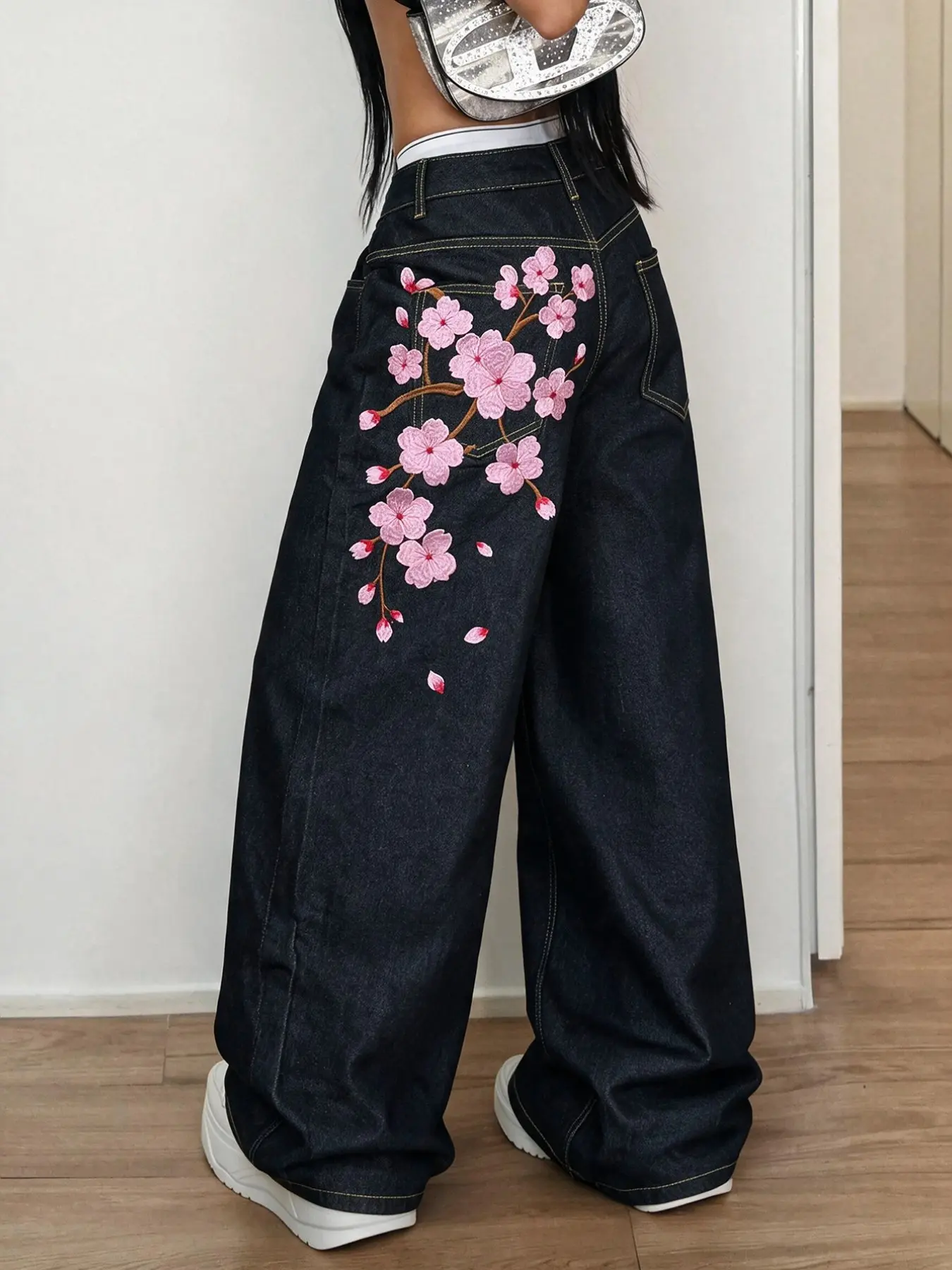 Women's High Waist Floral Embroidered Jeans, Y2K Street Fashion Loose Fit Wide Leg Pants, All Seasons Casual Long Trousers