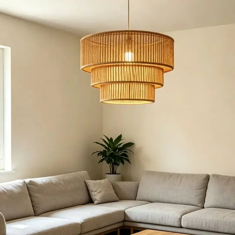 Bohemian Style Three-Layer Woven Rattan Decorative Pendant Light Shade, Handmade Natural Rattan Hanging Lamp Cover, Eco-Friendly Rope Light for Bedroom Living Room Lighting