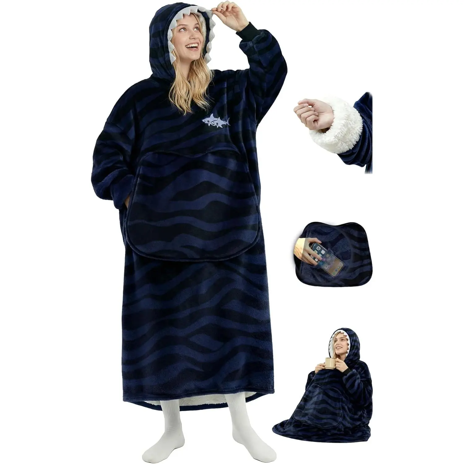 Wearable Blanket Hoodie, 1-Piece Duel-Sided Flannel, Full-Body Coverage Long Sweatshirt with Giant Pocket & Hidden Phone Pocket, Machine Washable Cozy Gift, One-Piece