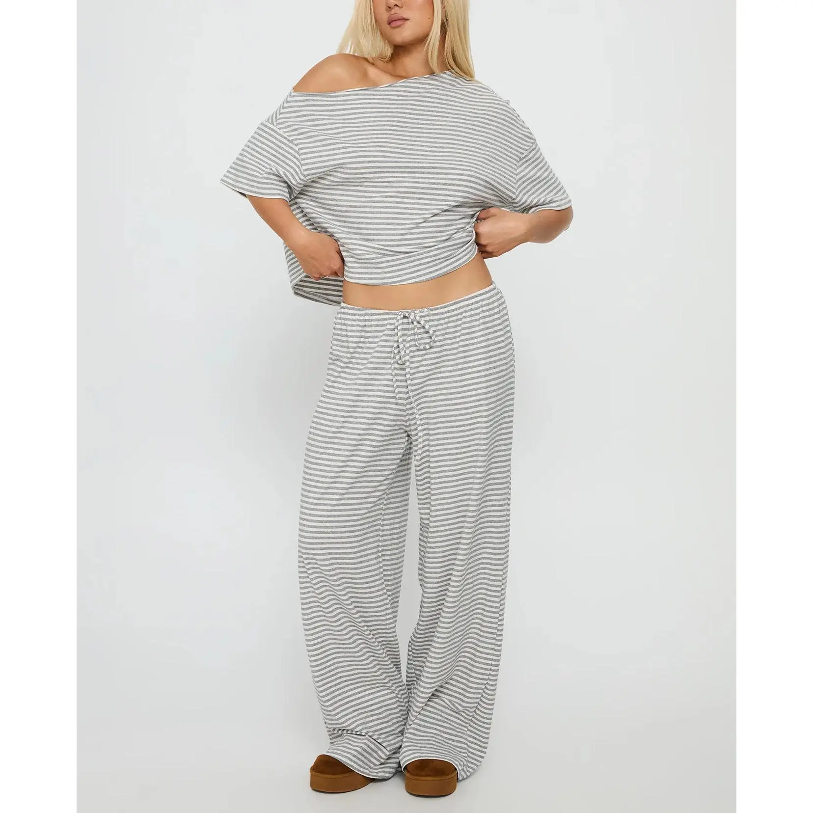 Women Horizontal Stripe 2 Piece Loungewear Pajama Set, Off Shoulder Short Sleeve Oversized Loose T-Shirt Top, Elastic Drawstring High Waist Wide Leg Palazzo Pants, Soft Lightweight Striped