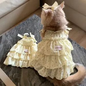 Floral Spaghetti Strap Cat Princess Dress, Summer Layered Pet Skirt, Breathable Anti Shedding Kitten Clothes for Ragdoll, British Shorthair, Young Kittens Daily Wear