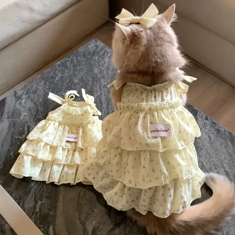 Floral Spaghetti Strap Cute Cat Princess Dress, Summer Layered Pet Skirt, Breathable Anti Shedding Kitty Kitten Clothes for Ragdoll, British Shorthair, Young Kittens Daily Wear