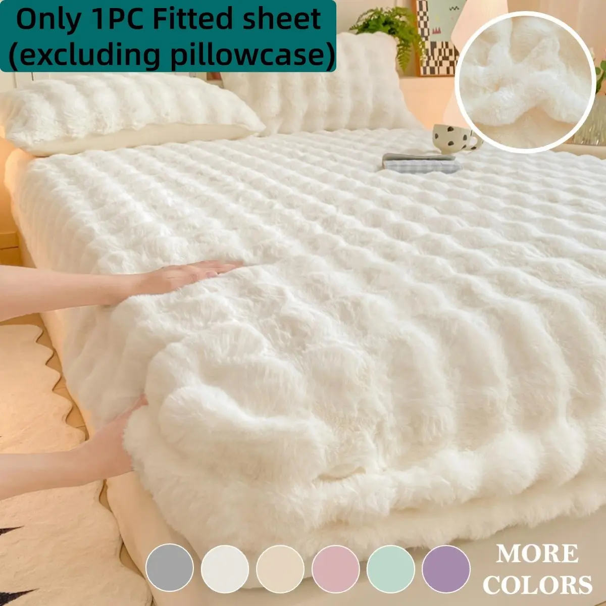 Ultra-Soft Faux Rabbit Fur Plush Bed Cover, Elastic Fitted and Machine Washable, Skin-Friendly, Non-Shedding and Fade-Resistant, Fluffy Warm Polyester Bedding for Bedroom and Guest Room Comfort, Home Décor for Comfort Seekers