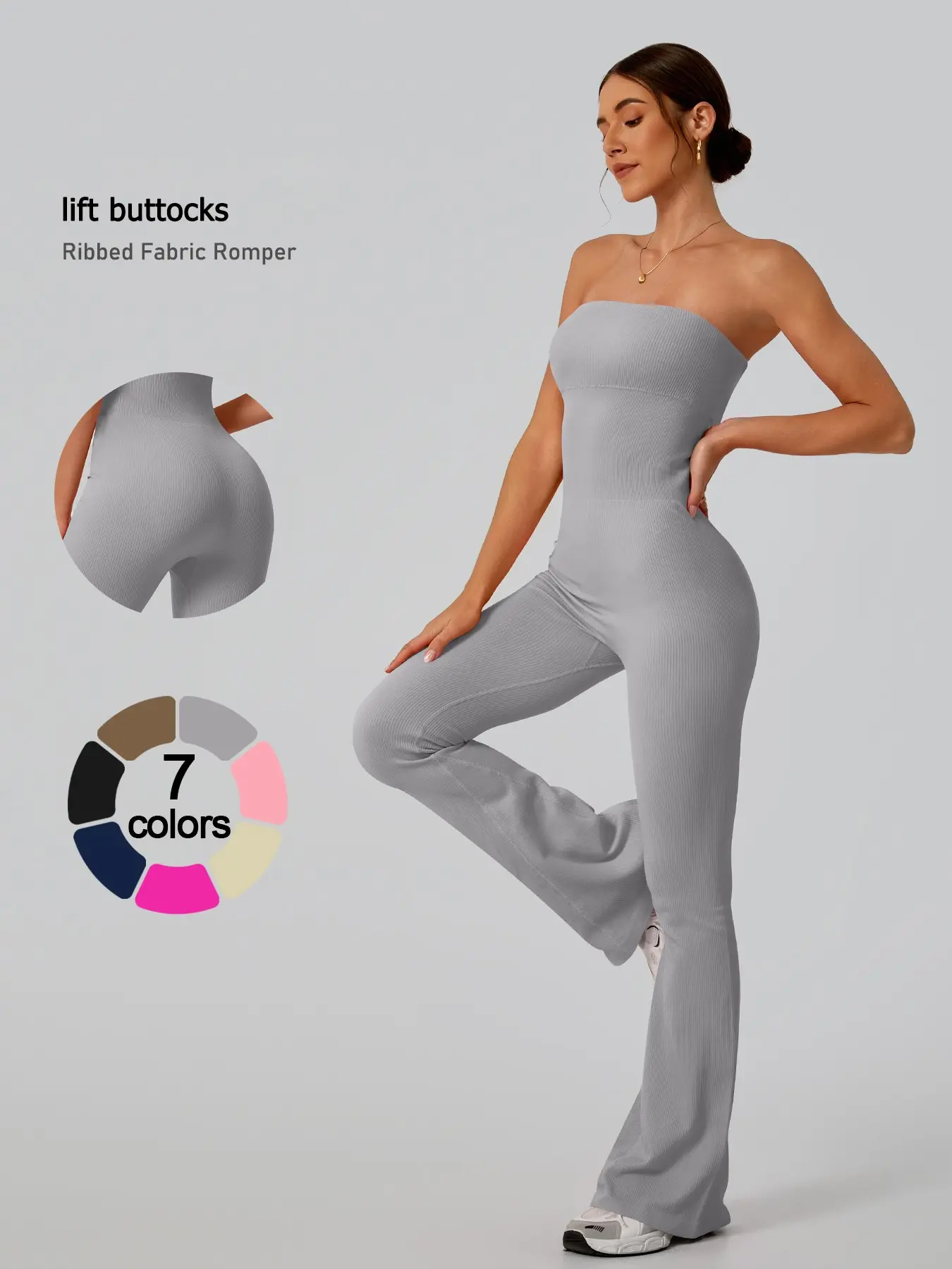 Women's Sporty One-Piece, Sexy Strappy Top, Flared Pants, Stretchy Waist, Hidden Calf, Leg-Lengthening, Elastic Vertical Ribbing, Summer Sports Jumpsuits