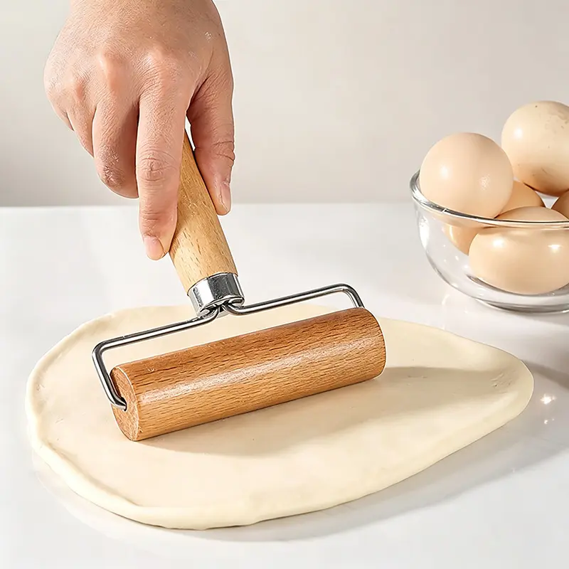 1pc Wooden Rolling Pin, Stainless Steel T-Shaped Dough Roller, Single-Handed Effort-Saving Pastry Rolling Pin for Dumpling Wrappers, Baozi Skin, Kitchen Baking Tool
