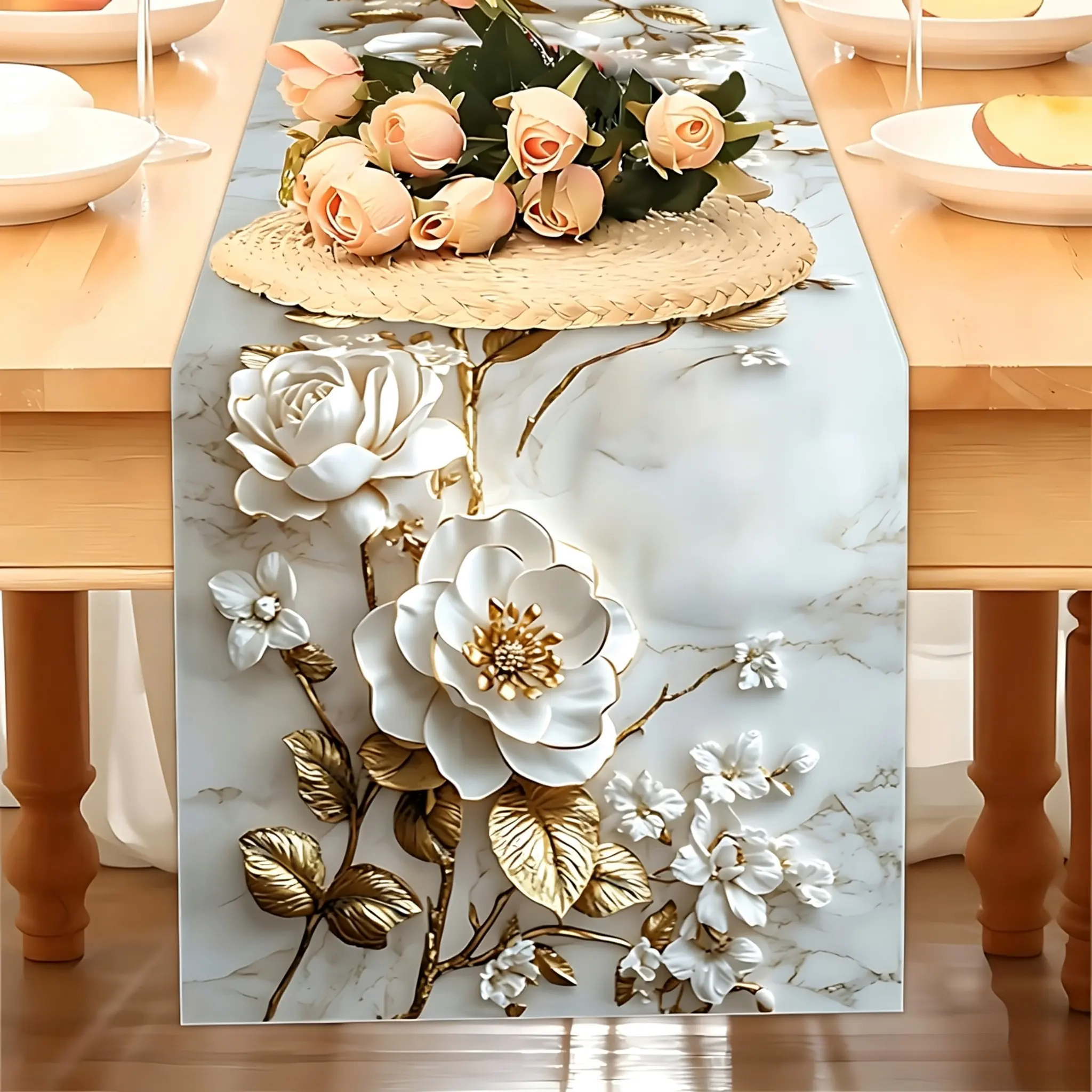 Elegant Marble Patterned Table Runner Featuring White Flowers and Golden Branches Intricate Floral Design Suitable for Kitchen Dining Indoor/outdoor Use and Festive Decor Made of Polyester