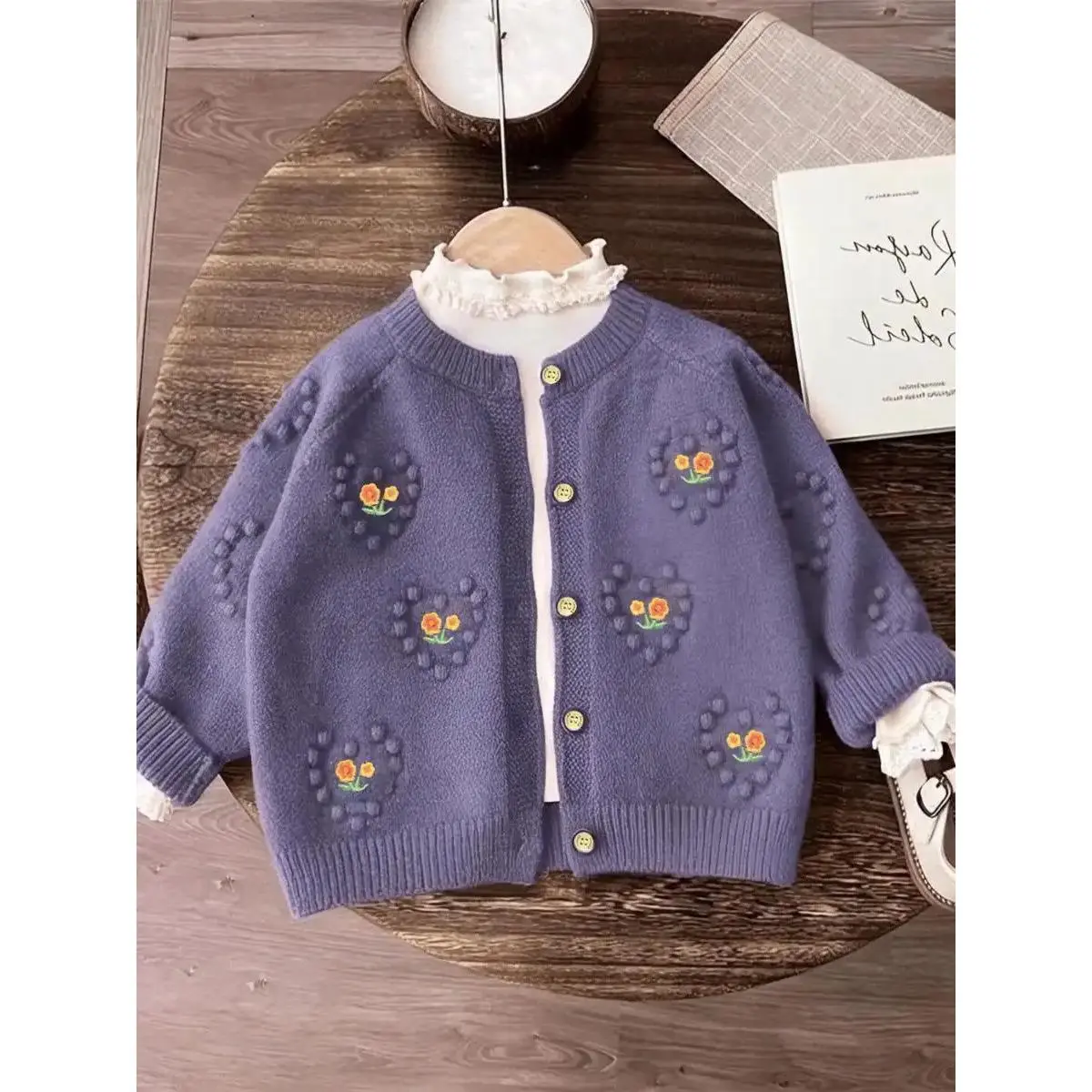 Girls' Floral Embroidered Knit Cardigan, Stylish Spring Fall Sweater Coat, Kids Outerwear Top, Sizes 1-2y(90cm), 110(4-5y), Button