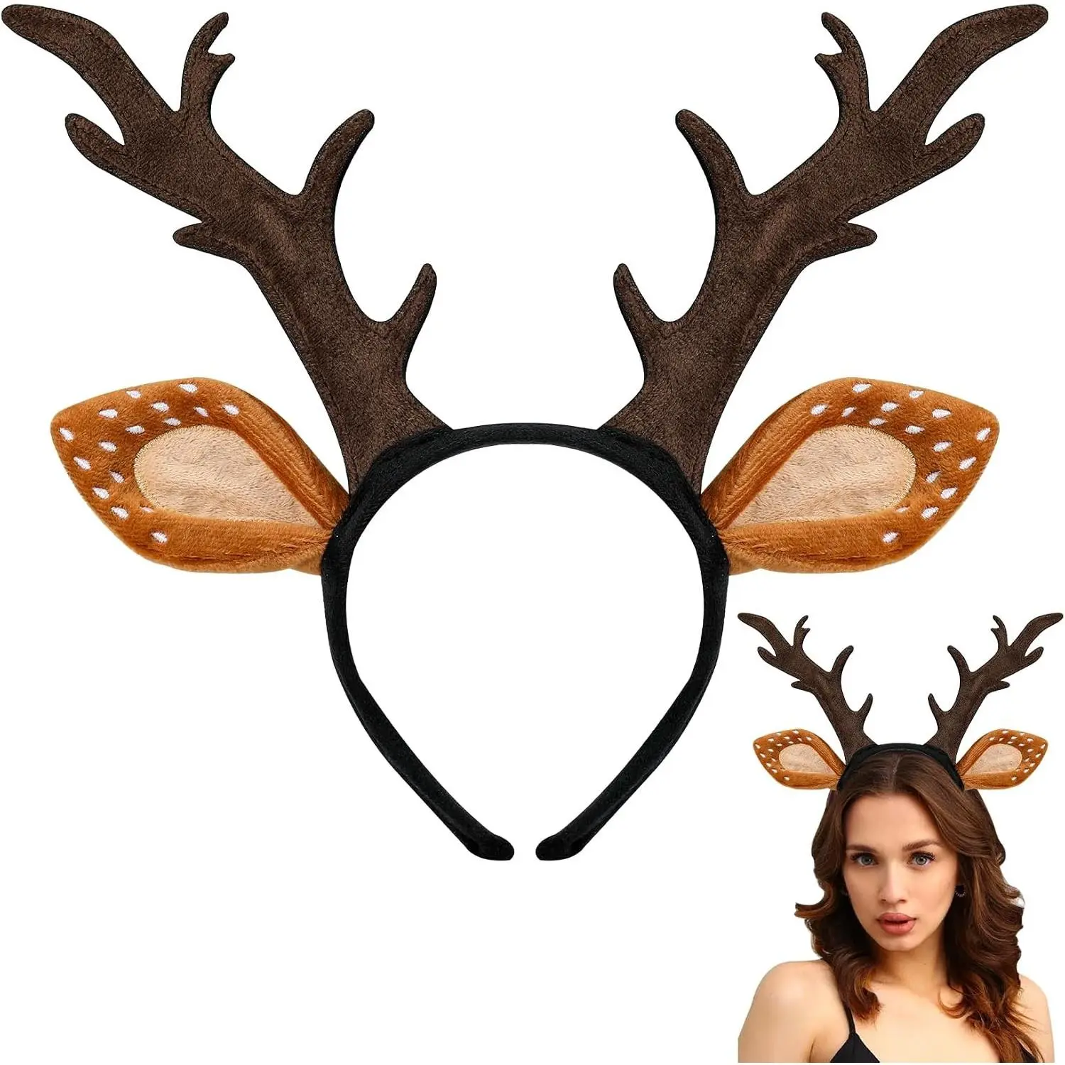 Deer Antlers Headband for Women Adults, Cute Reindeer Horns Ears Costume Accessories for Halloween Christmas Cosplay SuppliesGift