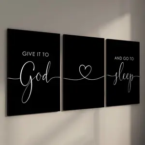 [Ready to Hang] 3pcs Set Give It to God and Go to Sleep Canvas Wall Art, Black and White Christian Stretched Framed Posters for Bedroom Decor, Modern Script Script Quote Pictures (Internal Wood Frame Included)