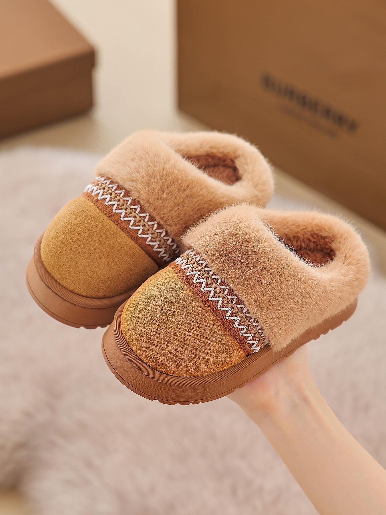 NewNewFabric Slippers for Autumn Winter, Indoor Home Anti-Slip Warm Plush Shoes, Unisex Kids Thick Casual Footwear