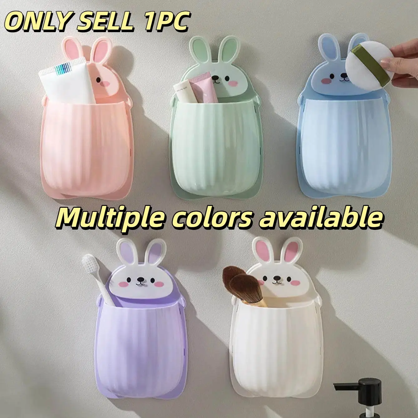 Cute Rabbit Storage Box, No-Drill Wall-Mounted Shelf, Strong Adhesive Organizer, Cartoon Rabbit Shape, Kitchen Bathroom Storage Rack, Toothbrush Holders For Bathrooms