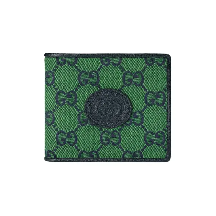 Gucci Multicolor GG Monogram Short Bifold Leather-Canvas Wallet for Men in Green and Navy Blue