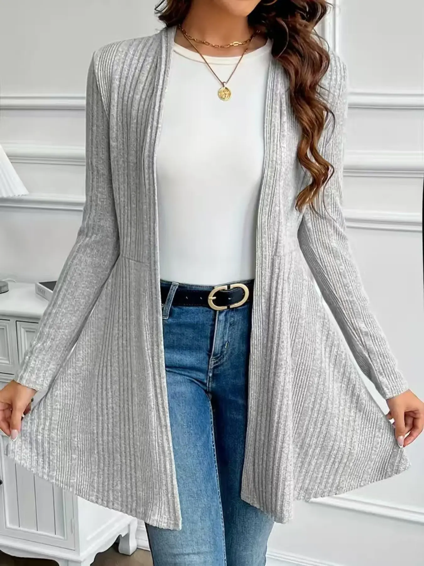 Women's Buttonless Open Front Medium-Length Cardigan, Casual Chic Long Sleeve Loose Knit Coat, Lightweight Sweater Outerwear