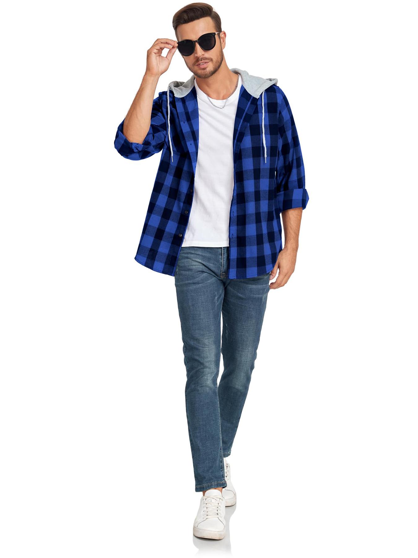 [Plus Size] Plaid Gingham Checkered Patchwork Button Front Hooded Jacket, Casual Streetwear Regular Fit Long Sleeve Drawstring Pocket Outerwear for Fall & Winter, Men's Clothes for Daily Wear Checked Fitted