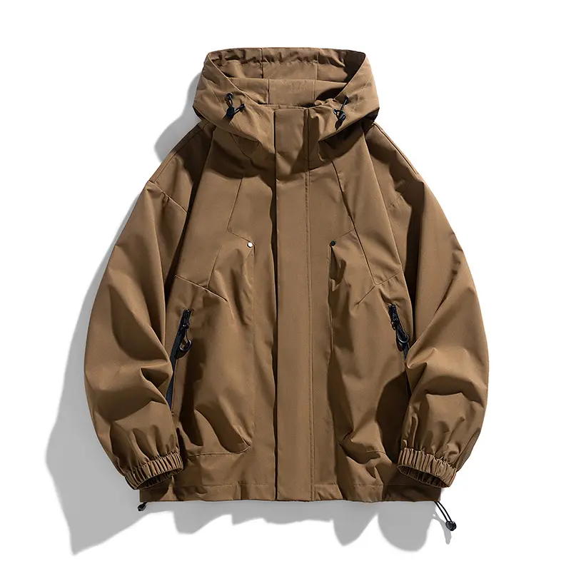 Menswear Loose Cut Coat - Men's Top with Drawstring Hood, Adjustable Hem Drawstrings, Waterproof Zippered Side Pockets, Elastic Cuffs, Windproof Smooth Outer Fabric, Ideal for Hiking & Daily Commuting, Coats, Tops, Machine Wash, Hoodie, Long Sleeve